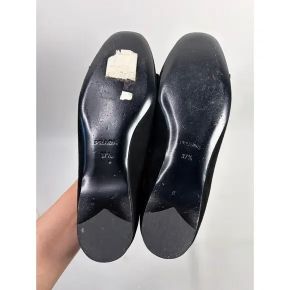 PRADA Black Suede Prada Signature Logo Bow Flat Slipper Shoes Size 37.5 - Picture 9 of 10